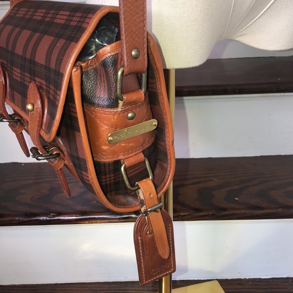 RALPH LAUREN Brown Green Tartan Plaid Rolled Body Crossbody Messenger SaddleBag - Picture 5 of 17
